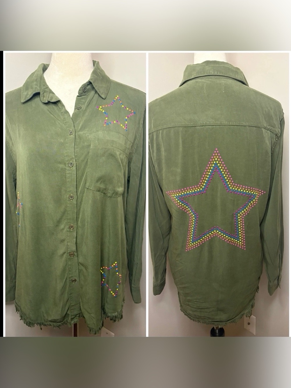 Lauren Moshi Sloane Rainbow Star Olive Green Button-Up Shirt Frayed Hem Small